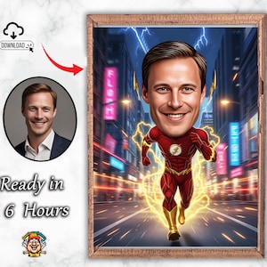 Könnte beinhalten: Gerahmtes digitales Porträt eines Mannes als The Flash, der eine Stadtstraße mit Blitzeffekten hinunterrennt. Das Bild enthält ein kleineres Porträt und den Text "Ready in 6 Hours".
