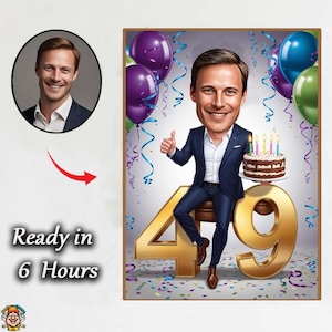 Karikatur eines jungen Mannes zum 49. Geburtstag - Benutzerdefiniertes Cartoon-Porträt mit Luftballons, Kuchen & Namen - Lustiges digitales Geschenk für MännerTurning49, perfekt für Ehemann