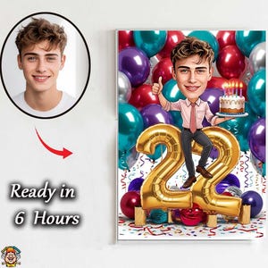 Aangepaste karikatuur 22e verjaardag – Cartoonportret tienerjongen | Leuk digitaal cadeau voor hem | Gepersonaliseerd verjaardagskunstwerk22 verjaardagscadeau voor