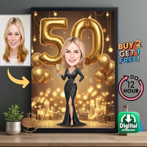 Può includere: Illustrazione digitale incorniciata per un 50° compleanno. L'opera presenta una caricatura di una donna in abito nero, con un calice di champagne, palloncini e candele dorate. L'immagine include il testo "ACQUISTA 2, RICEVI 1 GRATIS!" e "12 ORE".