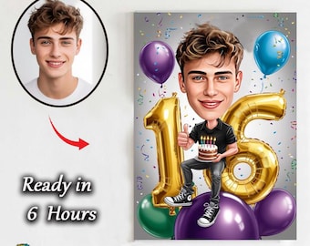 16th Birthday Boy Caricature – Custom Cartoon Portrait Gift | Funny Digital Drawing for Teen | Unique Sweet 16 Keepsake Art gift for boy 16