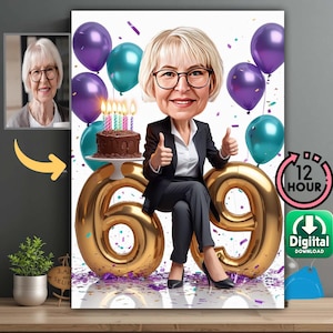 Spersonalizowana karykatura na 69. urodziny dla niej – wyjątkowy portret z kreskówek dla kobiety, spersonalizowany prezent cyfrowy dla babci, mamy lub przyjaciółki