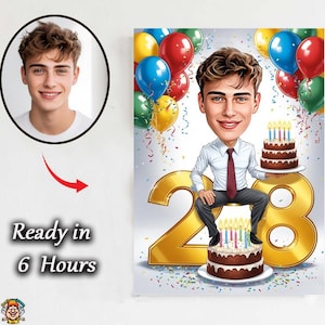 Karikatuur 28e verjaardag jongen – aangepast cartoonportret met ballonnen, cake en leuke achtergrond Grappig 28e verjaardagscadeau voor hem – gepersonaliseerd