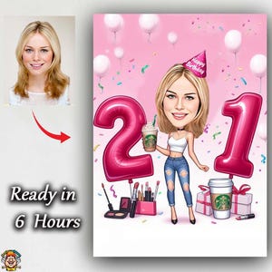 Custom 21st Birthday Girl Caricature | Personalized Gift for Her Personalized 21st Birthday Gift for Daughter, Friend, Sister Unique Cartoon