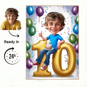 Caricatura de 10º aniversário para menino – Retrato de desenho animado personalizado – Presente exclusivo para filho ou sobrinho de 10 anos Caricatura de caixa de presente de 10 anos para menino