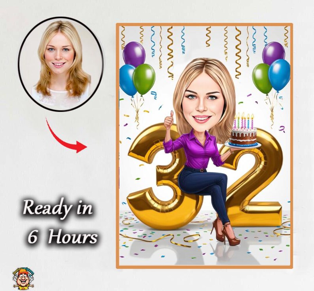 32th Birthday Girl Caricature – Custom Cartoon Portrait With Fun ...