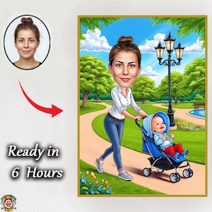 Karikatuur van moeder en kinderwagen – aangepast cartoonportret van moeder die met baby in het park wandelt Aangepaste karikatuur van moeder en baby – gepersonaliseerd
