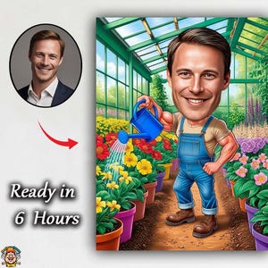 カスタム庭師の似顔絵 - 温室で花に水をやる漫画の男性 - 庭師、植物学者、または植物愛好家へのパーソナライズされたギフト
