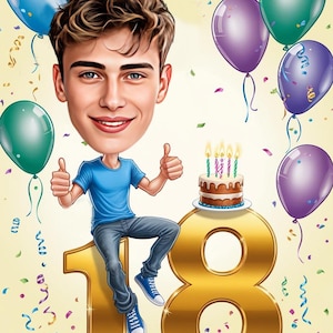 May include: A cartoon illustration of a young person celebrating their 18th birthday. The person is sitting on a large gold number 18, giving a thumbs up. Balloons in blue, green, and purple surround them, along with a small cake with lit candles.