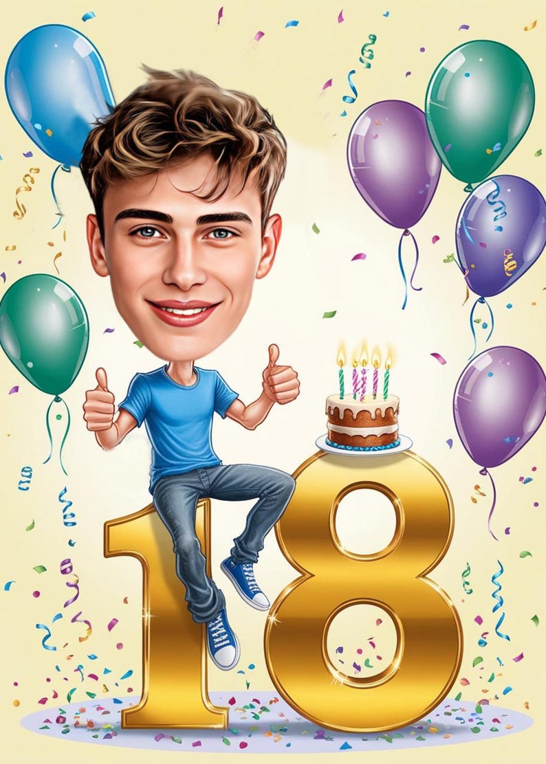 May include: A cartoon illustration of a young person celebrating their 18th birthday. The person is sitting on a large gold number 18, giving a thumbs up. Balloons in blue, green, and purple surround them, along with a small cake with lit candles.