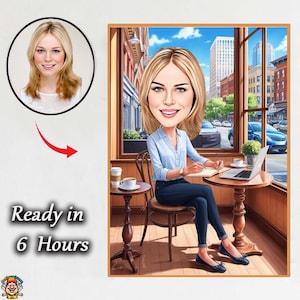 Custom Office Girl Caricature – Cartoon Woman Sitting at Desk with Laptop – Personalized Gift for Boss, Coworker, or Businesswoman caricatur