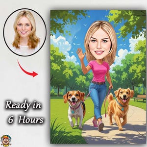 Caricatura regalo per dog walker – Caricatura personalizzata di una donna con animali domestici al parco – Caricatura personalizzata per dog walker – Ritratto personalizzato di un animale domestico con donna
