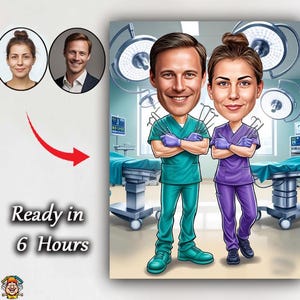 Aangepaste karikatuur paar chirurg in operatiekamer Medisch professionals cadeau Gepersonaliseerde karikatuur arts paar met chirurgisch gereedschap