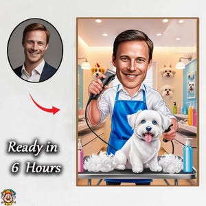 Aangepaste karikatuur hondentrimmer – gepersonaliseerde cartoon van mannelijke huisdierstylist met witte pluizige hond in trimsalon – uniek cadeau voor hem hond