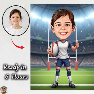 Könnte beinhalten: Cartoon-Illustration einer Person in Rugby-Uniform, die einen Rugbyball hält und einen Daumen hoch zeigt. Das Bild ist vor einem Stadionhintergrund platziert. Der Text links lautet "Ready in 6 Hours."