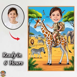 Girl on Zebra Caricature – Personalized African Safari Adventure Artwork Zebra Safari Caricature – Cartoon-Style Gift for Animal Lover Girl