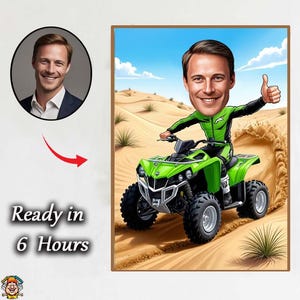 Karikatuur van ATV-rijder – gepersonaliseerde cartoon van man op quad in zand – uniek cadeau voor motorrijders, racers en buitenliefhebbers karikatuurcadeau