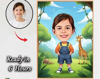 Custom Kids Jungle Caricature Portrait | Cute Child Cartoon Illustration | Personalized Zoo Theme Kids Wall Art Personalized Child Caricatur