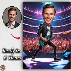 Aangepaste Rockstar-karikatuur – gepersonaliseerd portret op concertpodium met gitaar, lichten en publiek, grappig digitaal cadeau voor muzikant, zanger,