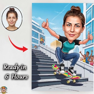 Karikatuur vrouwelijke skateboarder – aangepaste cartoon van meisje dat trucjes van de trap af doet met duimen omhoog – cool cadeau voor skatermeisjes of sportliefhebbers