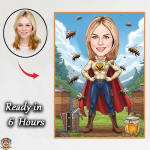 Könnte beinhalten: Cartoon-Illustration einer Frau, die als Superheldin mit einem Bienen-Kostüm, einem roten Umhang und Stiefeln gekleidet ist. Bienen fliegen um sie herum und Bienenstöcke. Das Bild enthält den Text "Ready in 6 Hours".