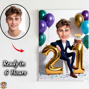 Caricature personnalisée pour 21e anniversaire – Portrait de dessin animé d'un adolescent | Cadeau numérique amusant pour lui | Oeuvre d'art d'anniversaire personnalisée 21, cadeau d'anniversaire pour