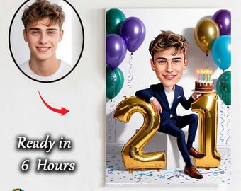 21th Birthday Custom Caricature – Teen Boy Cartoon Portrait | Fun Digital Gift for Him | Personalized Birthday Artwork 21 birthday gift for
