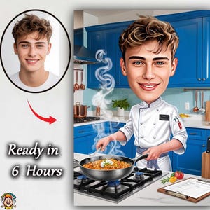 Aangepaste cartoon chef-kokkarikatuur – jonge mannelijke kok in wit uniform die een heerlijke maaltijd kookt in moderne keuken – perfect cadeau voor fijnproevers