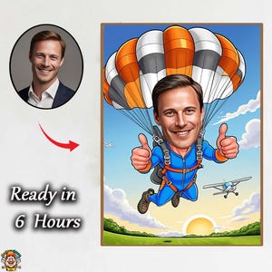 Könnte beinhalten: Cartoon-Illustration einer Person, die mit einem Fallschirm Fallschirmspringt. Die Person trägt einen blauen Overall und zeigt den Daumen hoch. Der Hintergrund zeigt einen blauen Himmel, Wolken und eine untergehende Sonne. Der Text auf dem Bild lautet "Ready in 6 Hours."