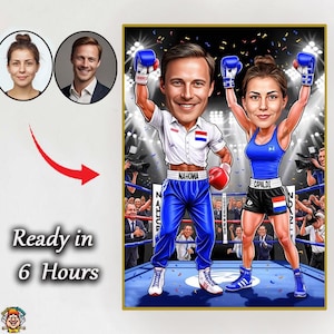 Boksportret grappig koppel – aangepaste karikatuurtekening, gepersonaliseerd cartooncadeau voor sportieve partners Bokskarikatuur koppel – aangepast