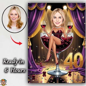 Custom 40th Birthday Caricature for Woman – Personalized Cartoon Portrait from Photo, Unique Digital Gift Idea for Her, Funny Art for Milest