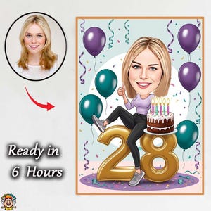 28th  Girl Caricature – Personalized Cartoon Portrait | Fun Birthday Gift for Her | Custom Digital Artwork 28birthday gift for  girl funny