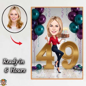 女性のための49歳の誕生日のカスタム似顔絵 | 楽しくてユニークなデジタル漫画ギフト | 49歳の奥様、お母様、姉妹、ご友人へのギフトに最適