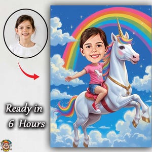 Niestandardowa karykatura jednorożca dla dziewczynki – magiczny portret z kreskówek na tęczowym jednorożcu, spersonalizowana fantastyczna grafika dla dzieci, prezent urodzinowy,