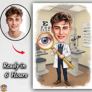 Eye Doctor Caricature – Custom Cartoon Portrait for Eye Specialists and Professionals . Eye Doctor Caricature Gift  Custom Funny Drawing for