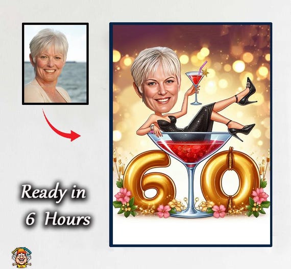 60th Birthday Caricature Drawing for Woman – Personalized Digital Gift for Mom, Grandma, Funny 60th Birthday Gift for Her – Custom Caricatur