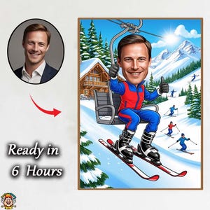 Caricatura de telesilla: retrato de dibujos animados personalizado en una escena de un complejo de montaña nevada Caricatura de deportes de invierno: caricatura de telesilla personalizada con
