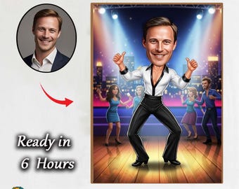 Dansande tecknad porträtt från foto | Anpassad discofestkarikatyr | Unik present till män | Retro dansillustration Anpassad discodansare