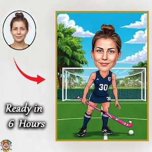 Karikatuur hockeyster – gepersonaliseerd sportcadeau voor haar Aangepaste hockeytekening meisje – leuk digitaal kunstwerk in actie Pose cadeau voor meisje