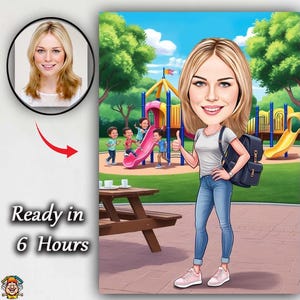May include: A cartoon illustration of a woman with blonde hair, wearing a white t-shirt, blue jeans, and pink sneakers, standing in a park. She has a backpack and is giving a thumbs-up. The background shows a playground with children playing. Text reads "Ready in 6 Hours."
