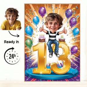 Caricatura de niño para su 13.º cumpleaños: regalo personalizado de caricatura/dibujo digital para adolescente/arte divertido de recuerdo de cumpleaños.