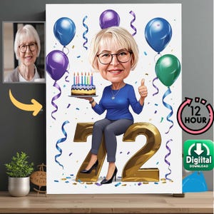 Puede incluir: Ilustración digital de una mujer celebrando su 72 cumpleaños. Sostiene un pastel con velas y hace una señal de pulgar hacia arriba. El fondo incluye globos, confeti y el texto "12 HOUR" y "Digital Download".