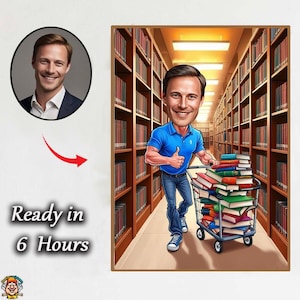 Grappige bibliothecariskarikatuur voor mannen – aangepast digitaal portret in bibliotheek met boekentrolley – perfect cadeau voor boekenwurmen, studenten en bibliothecaris