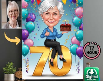 Custom 70th Birthday Woman Caricature – Funny Digital Drawing, Personalized Gift for Her Big 70 Celebration70th Birthday Gift for Her –