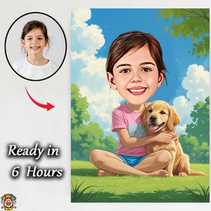 Child and Dog Caricature Portrait – Custom Cartoon from Photo, Personalized Digital Gift for Kids Who Love Pets, Fun Wall Art for Families