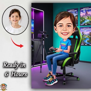 Personalized Gamer Girl Caricature – Kid Playing Video Games in Gaming Chair with Headset and Controller – Fun Gift for Young Streamers game