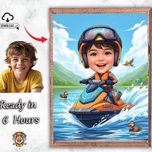 Könnte beinhalten: Cartoon-Illustration eines Kindes auf einem Jetski, das einen Helm und eine Schwimmweste trägt. Der Jetski ist orange und blau, mit der Nummer J4023. Der Hintergrund zeigt Wasser, Enten und einen blauen Himmel.