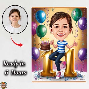 11 Year Old Girl Caricature – Custom Birthday Cartoon Portrait – Digital Download Gift for Kids girl caricature birthday carton 11 girl gift