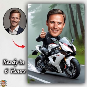 May include: Digital illustration of a man on a white and red motorbike, giving a thumbs up. The image includes the text "Ready in 6 Hours". The background shows a blurred forest and road.