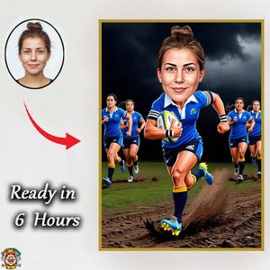 Caricature de rugby girl personnalisée – Portrait de dessin animé personnalisé en maillot de l'équipe tenant un ballon de rugby sur le terrain » Caricature de rugby girl forte